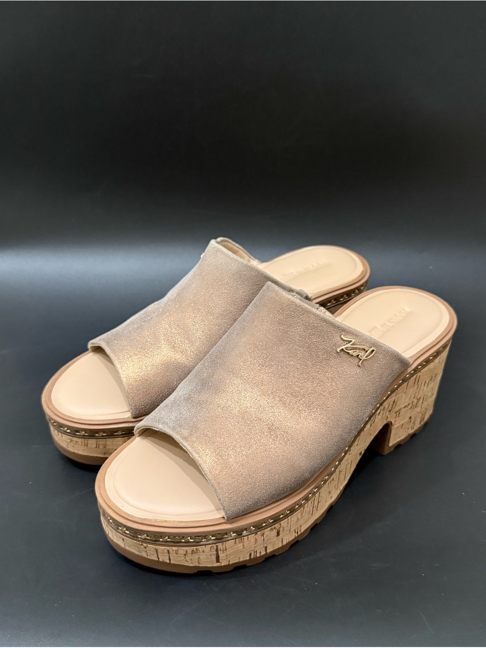 KARL LAGERFELD Clarina Metallic Gold Leather Cork Platform Sandals US Size 8M